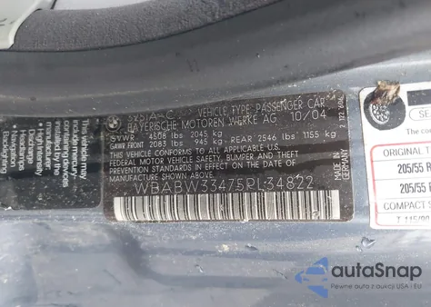 2005 BMW 325Ci Ci z USA, uszkodzony, nr VIN WBABW33475PL34822